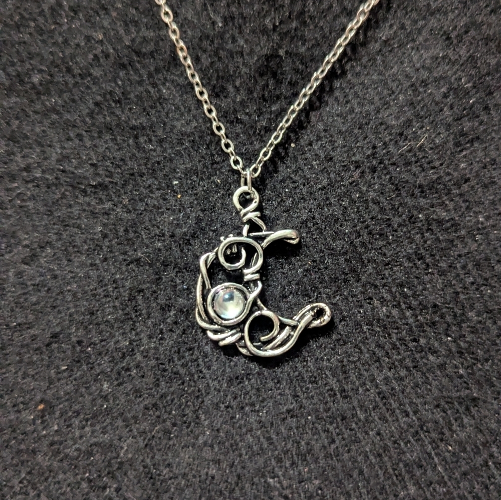 Silver Tone Clear Rhinestone Filagree Crescent Moon Pendant Necklace